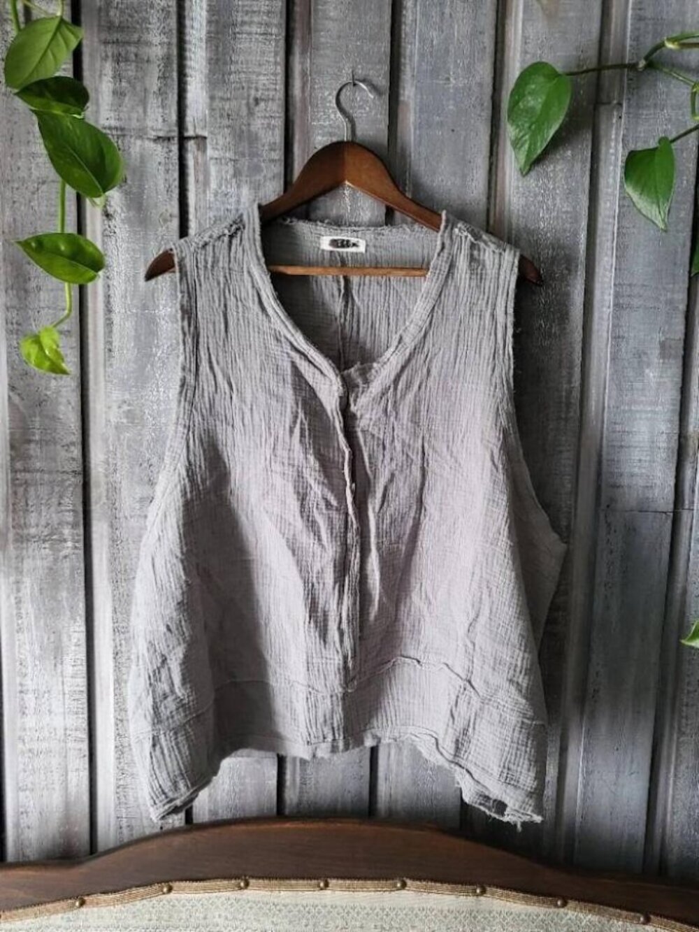 Gray Double Layer Cotton Muslin Gauze Cropped Vest Top One Size Boho